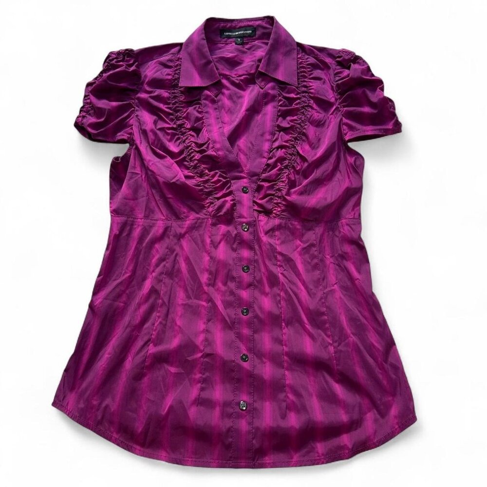 Vintage Purple and pink stripe blouse with ruffled collar and button-up front